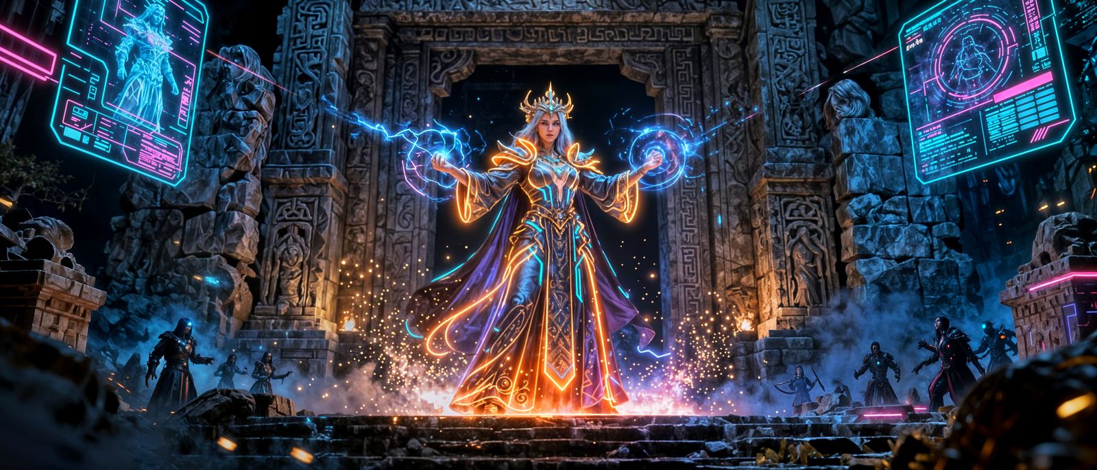 Sorceress in Cyberpunk Battle Before Ancient Temple