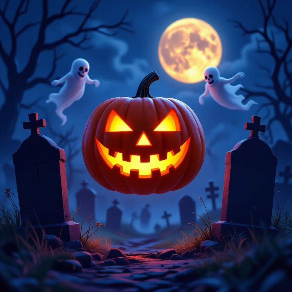 Fiery Jack O'Lantern Haunts Spooky Graveyard Under Full Moon