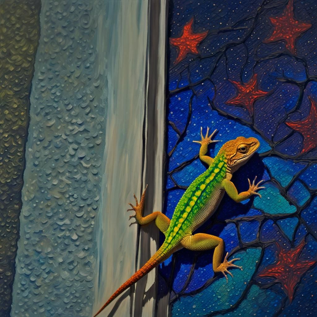 Lizard on Window in Vivid Impasto Oil Paint