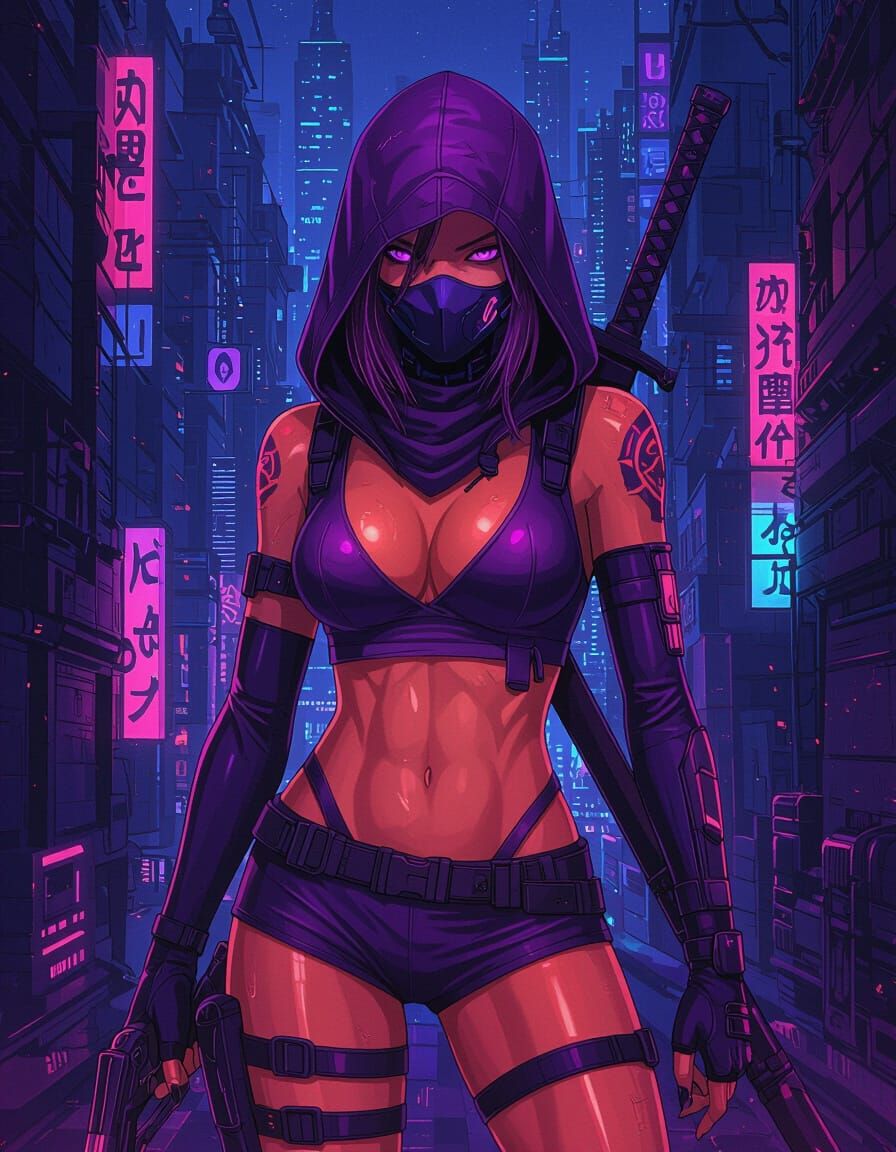 Cyberpunk Assassin in Ultraviolet and Coral Cityscape
