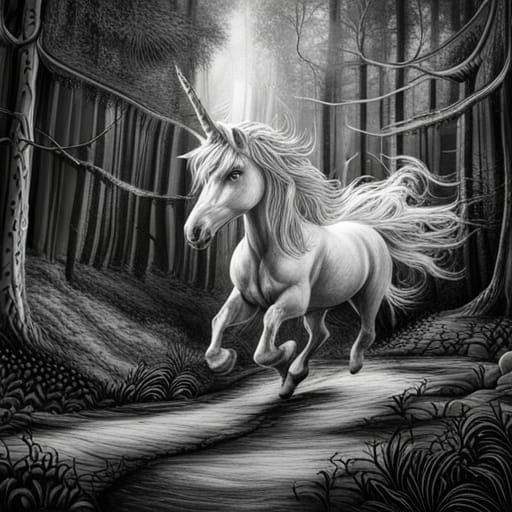 Enchanted Forest: Unicorn in Charcoal Drawing