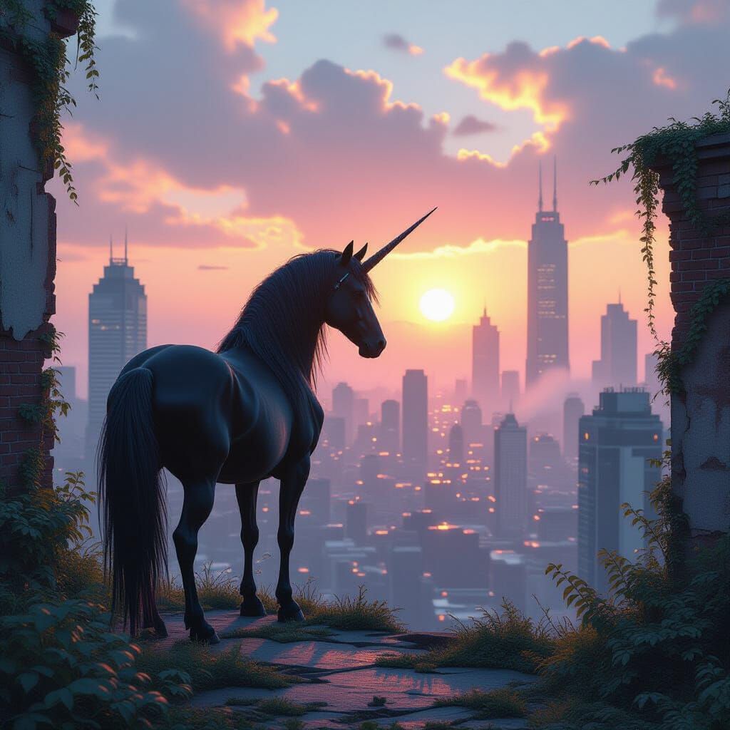 Black Unicorn Overlooks Overgrown Cityscape at Sunset