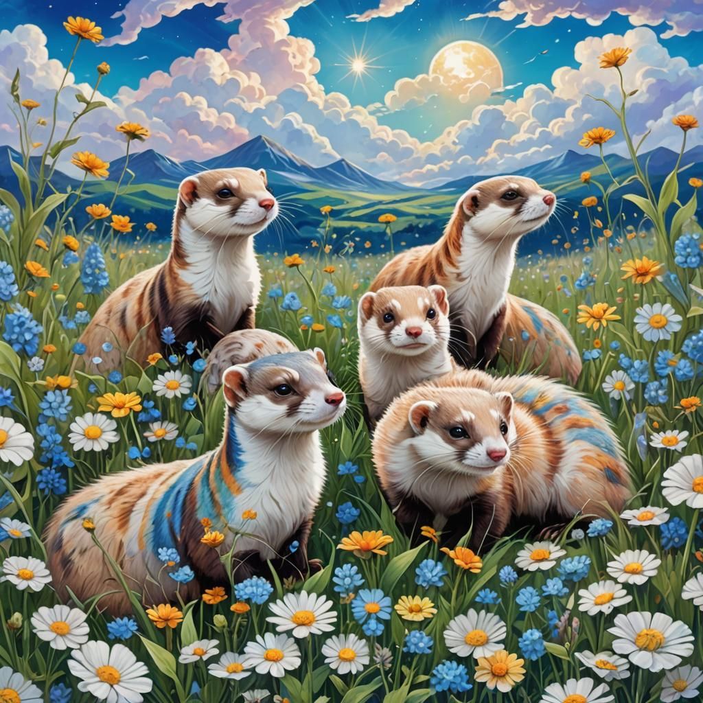 Art Nouveau Ferrets in Wildflower Field
