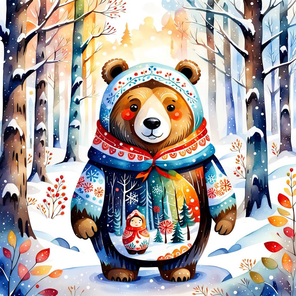 Winter Bear-Matryoshka in Whimsical Watercolor Wonderland