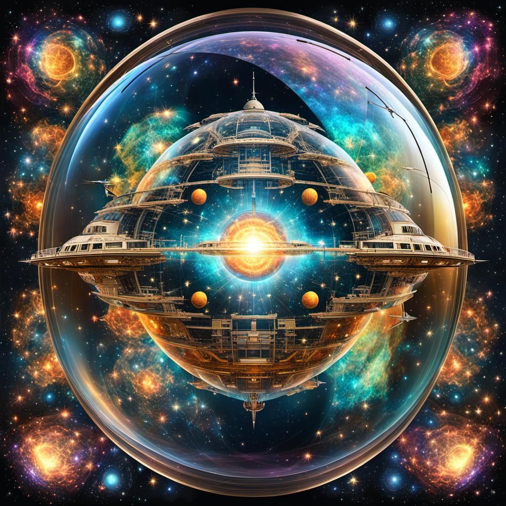 Glass Spaceship Filled with Stars and Nebula