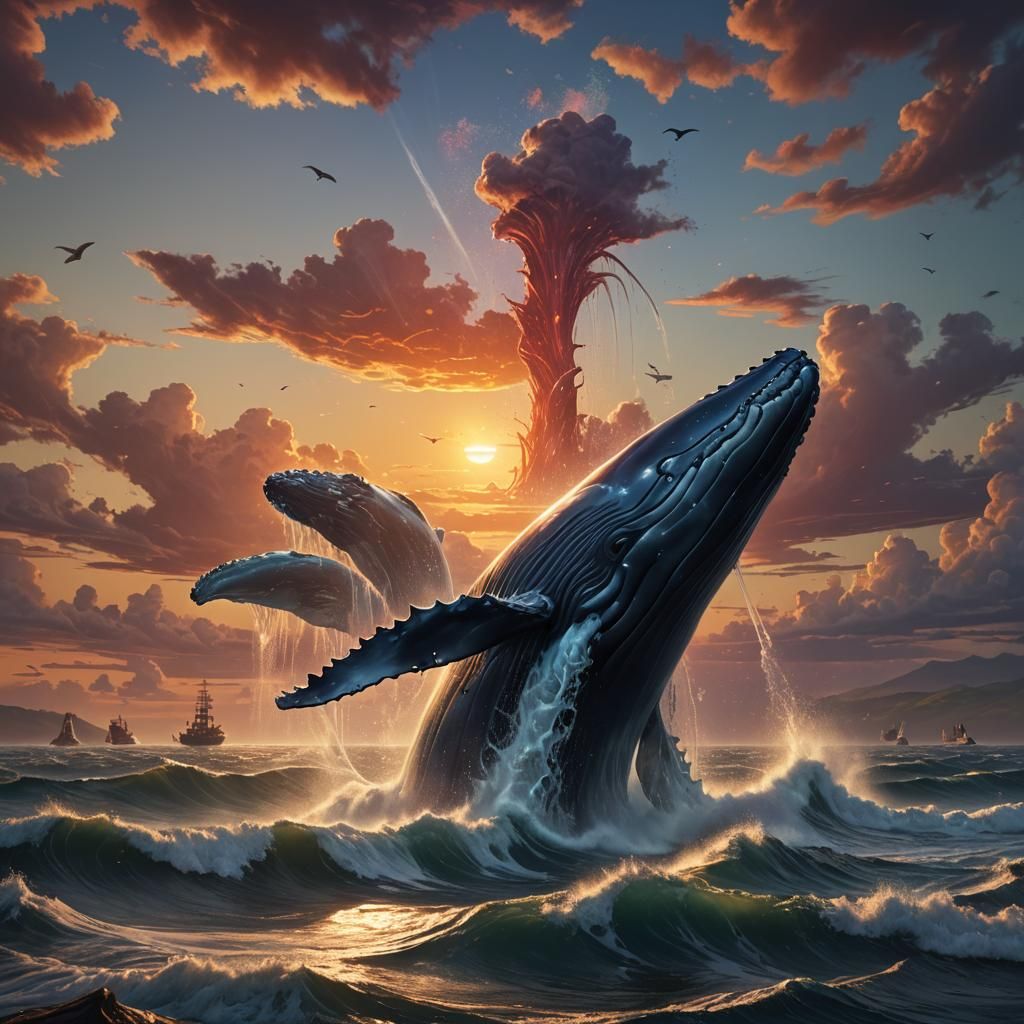 Whale Spout Sunset: Detailed Fantasy Art