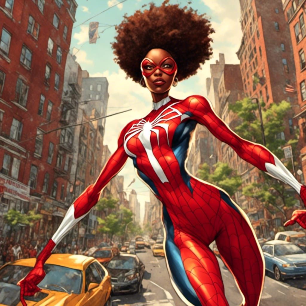 Spiderwoman Swings Through City in Marvel Comics Style