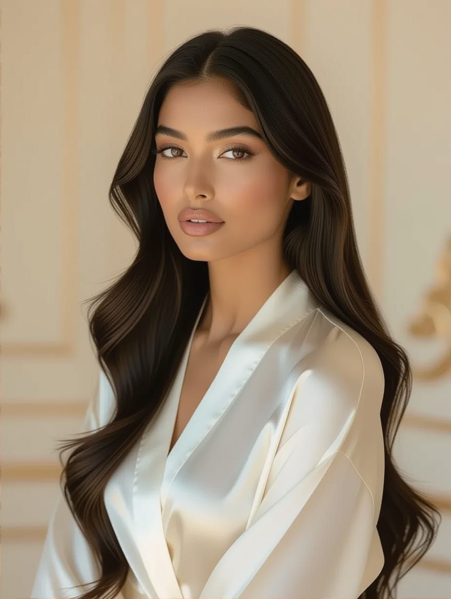 Elegant Indian Woman with Luminous Hair, Art Nouveau Style