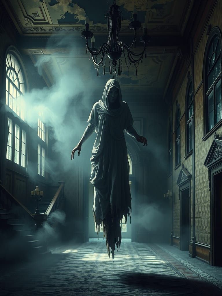 Ethereal Ghost Haunts Abandoned Gothic Mansion