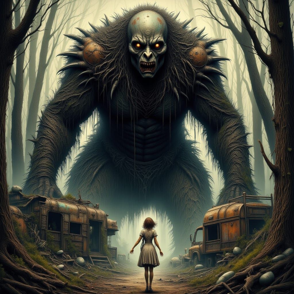 Dark Fairytale: Woman Confronts Monster in Forest