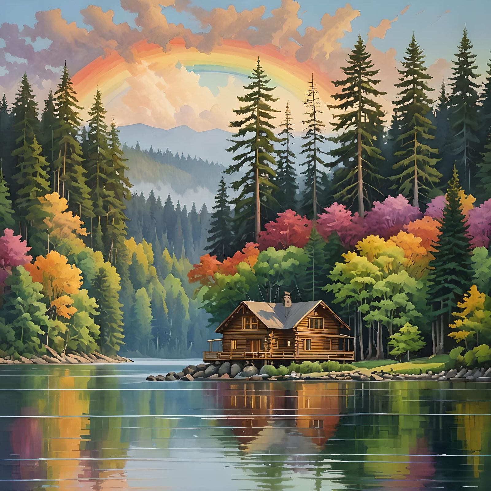 Log Cabin by Lake Sammamish with Rainbow Sky