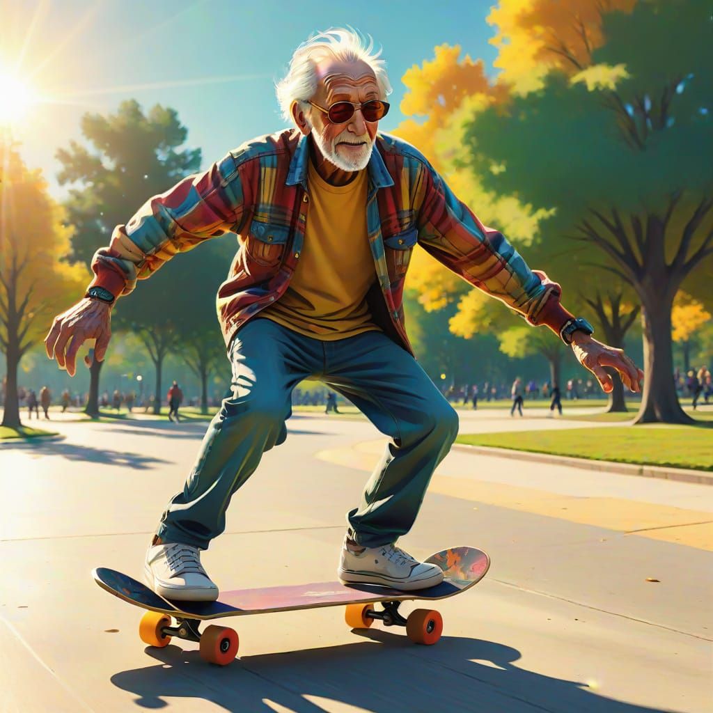 Energetic Older Man Skateboarding in Comic Book Style