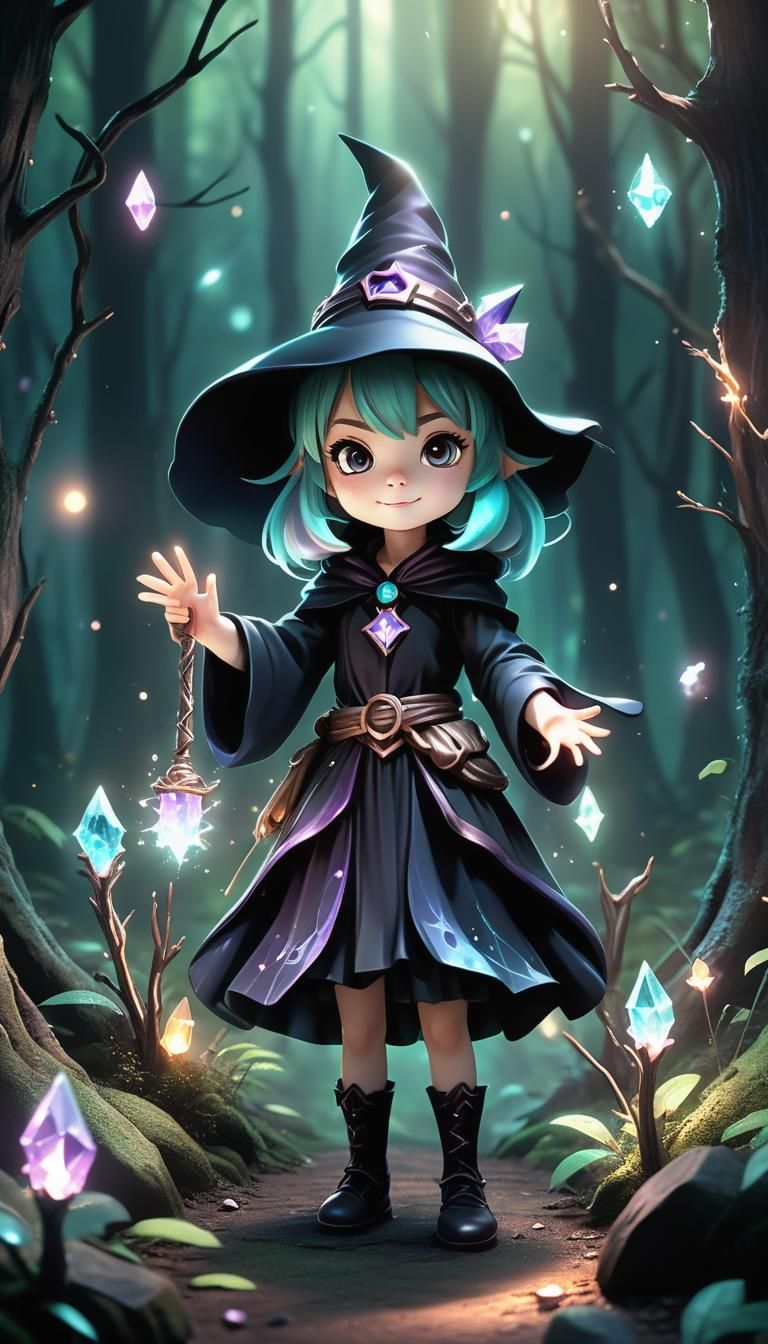 Little Chibi Witch with Glowing Crystals in 3D Anime Style