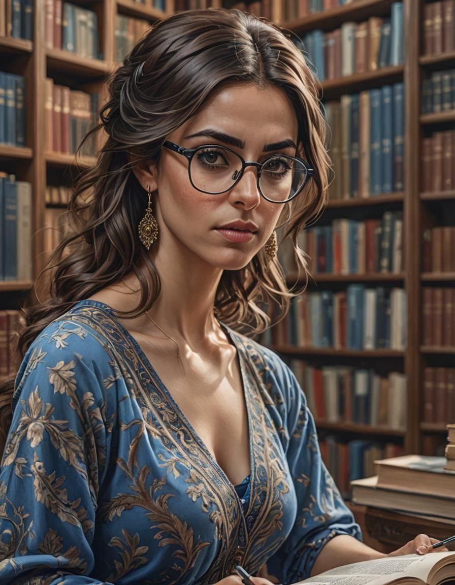 Detailed Portrait: Middle Eastern Woman Studying in Library