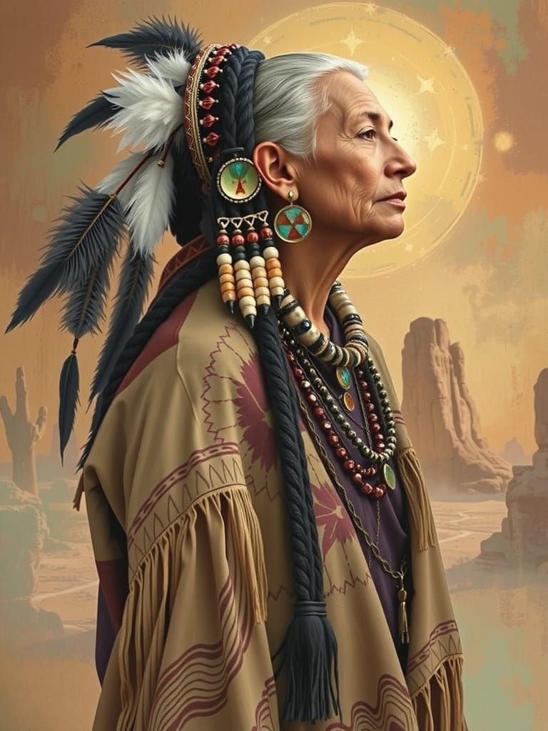 Apache Woman in Obsidian and Jade Robe