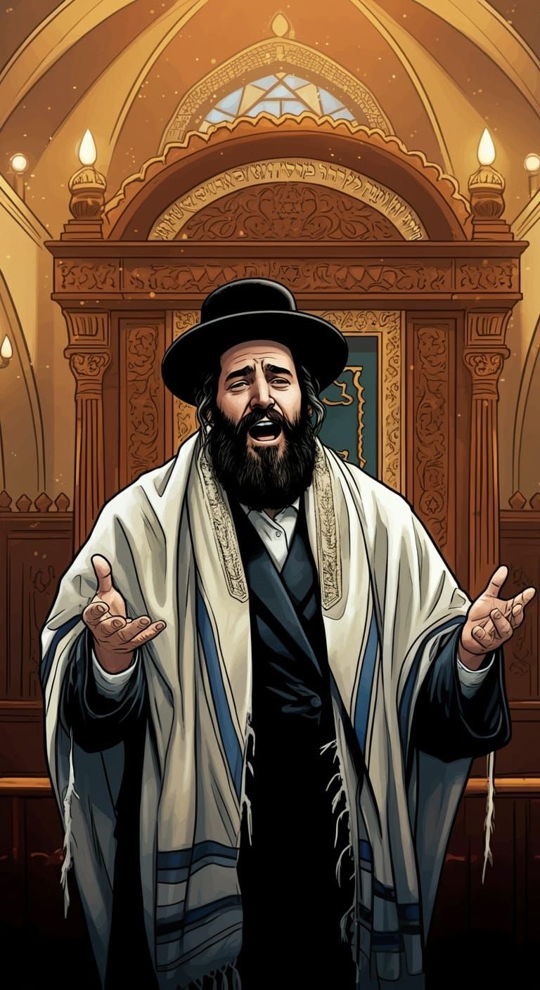 Hasidic Cantor in Synagogue: Realistic Comic Book Illustrati...