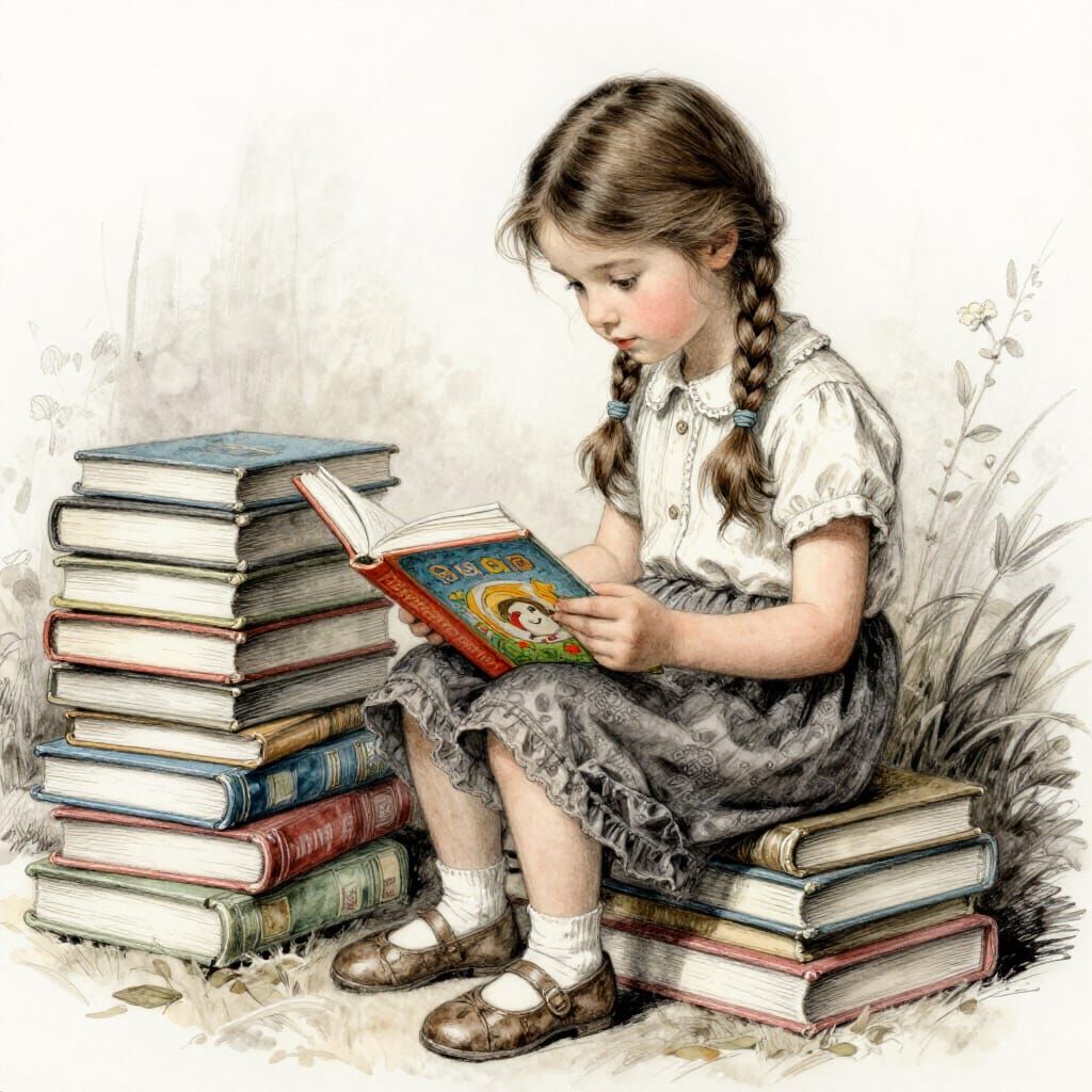 Girl Reads Book Surrounded by Books, Expressive Drawing Styl...
