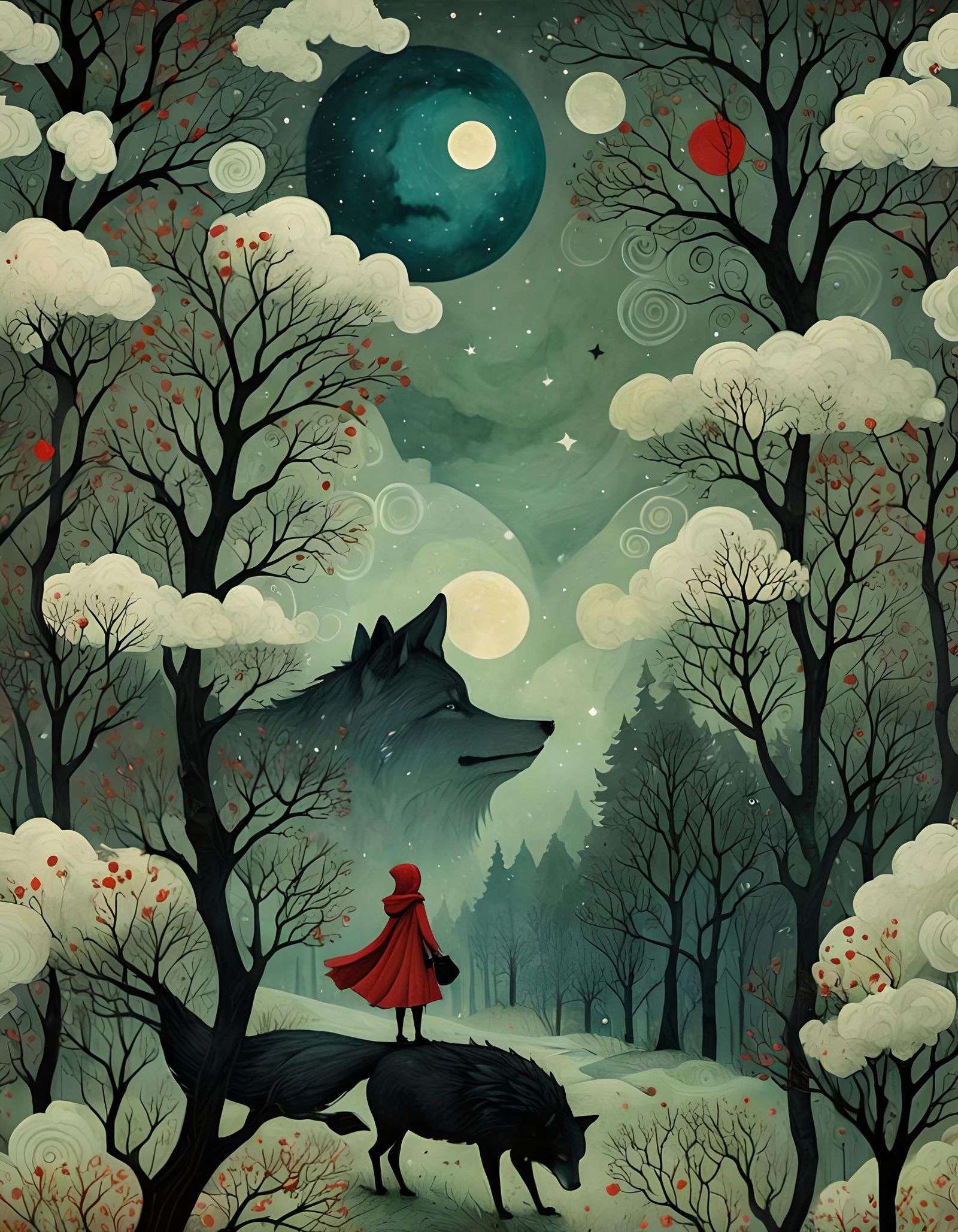 Red Riding Hood and Wolf Under Swirling Skies
