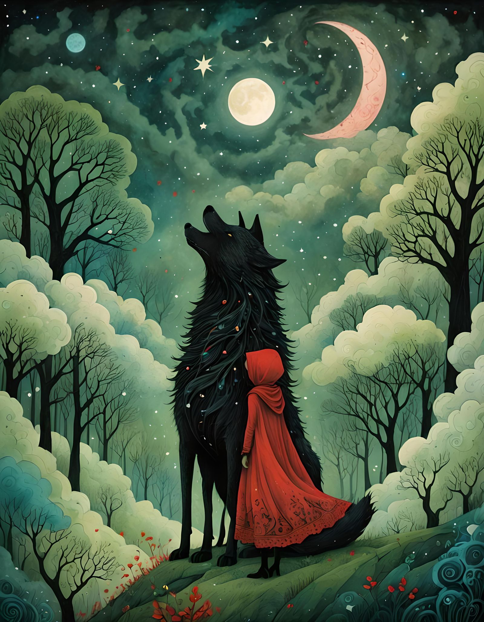 Red Riding Hood in Surreal Pastel Dreamscape