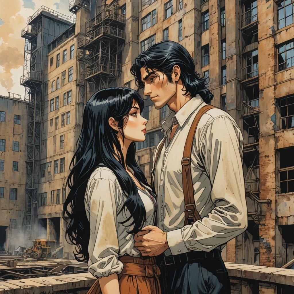 Romantic Factory Kiss in Bande Dessinée Style