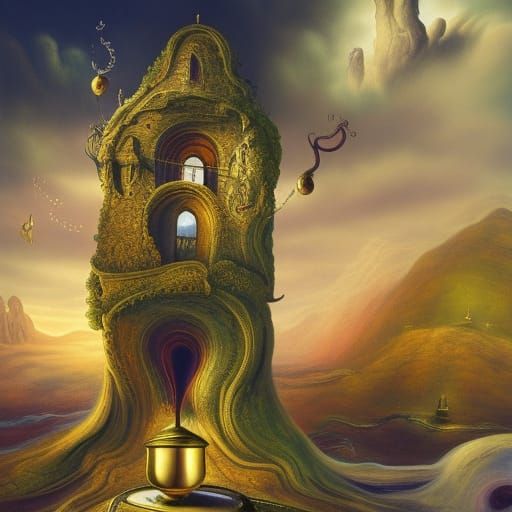 Surreal Landscape with Bell, Book, and Candle