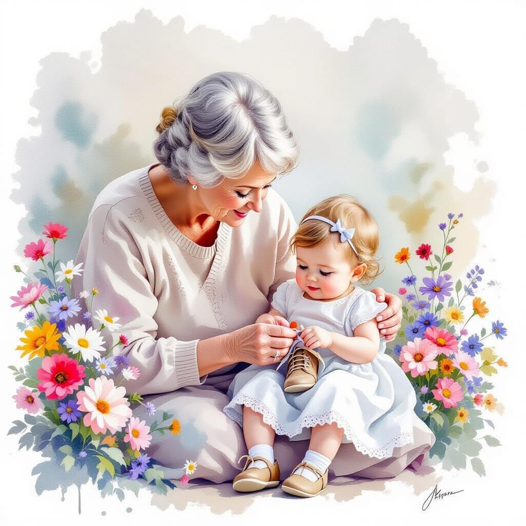 Ethereal Watercolour of Grandmother Helping Baby Tie Shoes