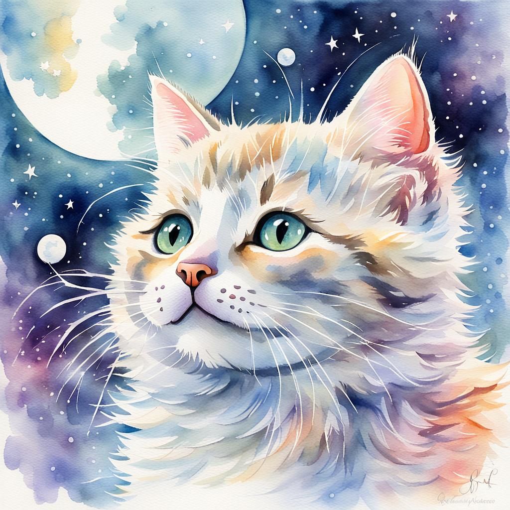 Baby Cat Plays with Moon in Watercolor