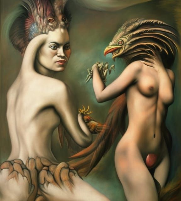 Fantasy Bird-Human Hybrid in Acrylics