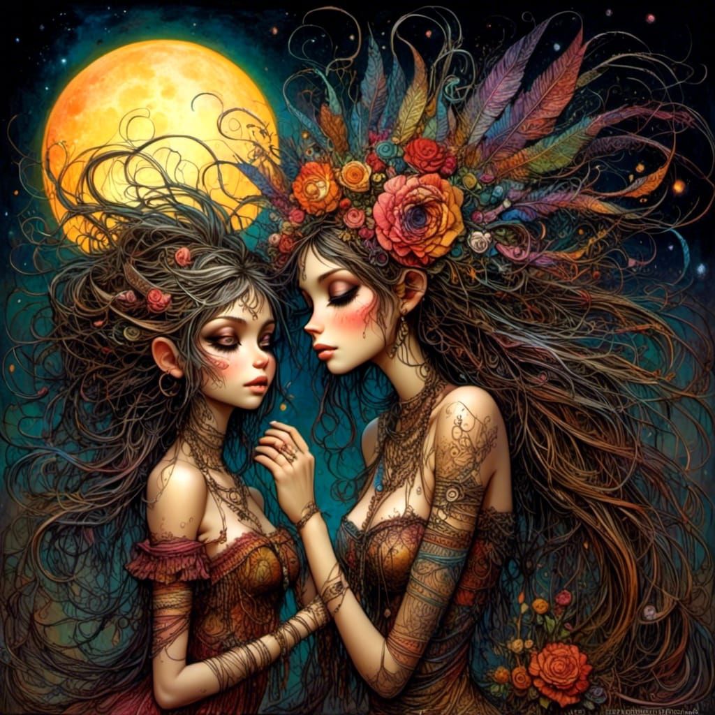 Moon Goddess Caressing Sun in Pop Surrealism