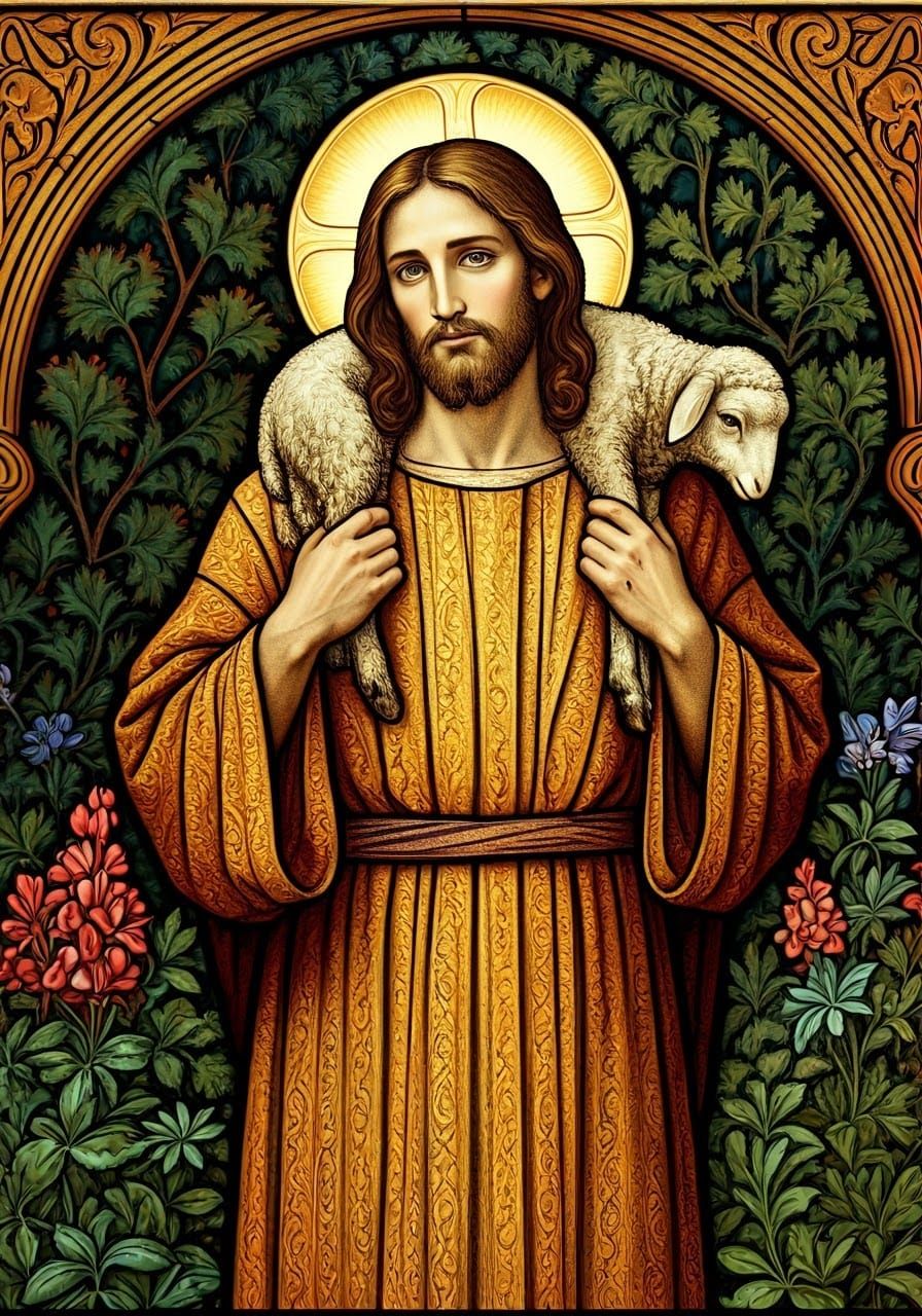 Style of Burne Jones stained glass, Jesus as the Good Shephe...