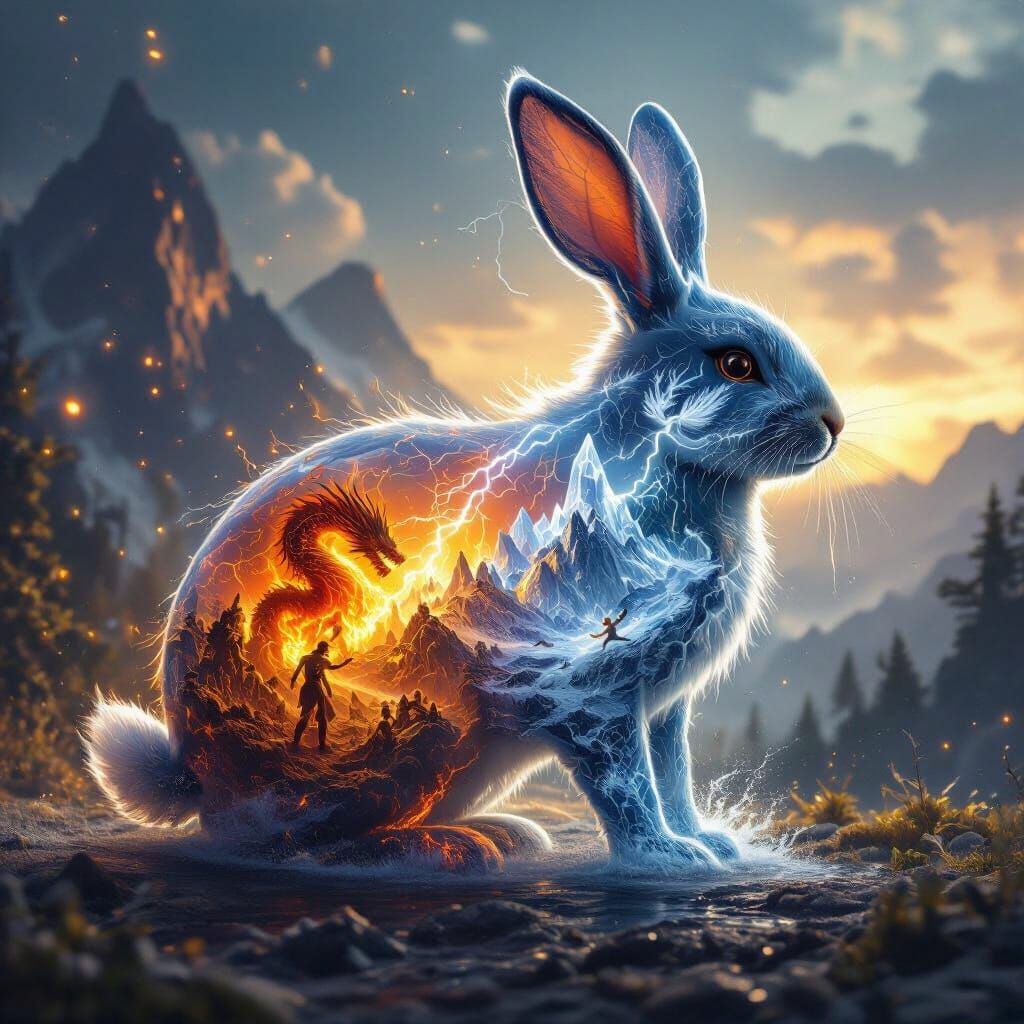 Glass Rabbit Silhouette With Elemental Worlds Colliding