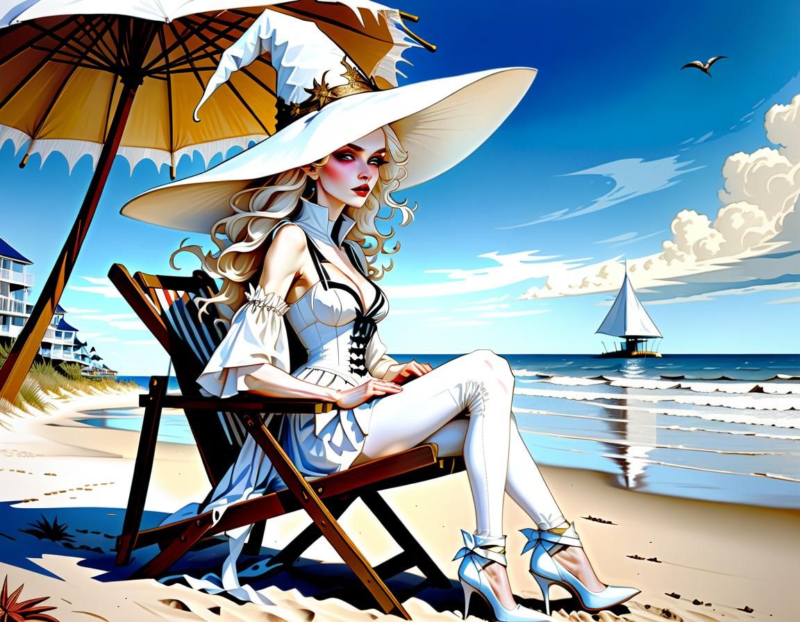 Beautiful Beach Witch with Tall Pointed Hat