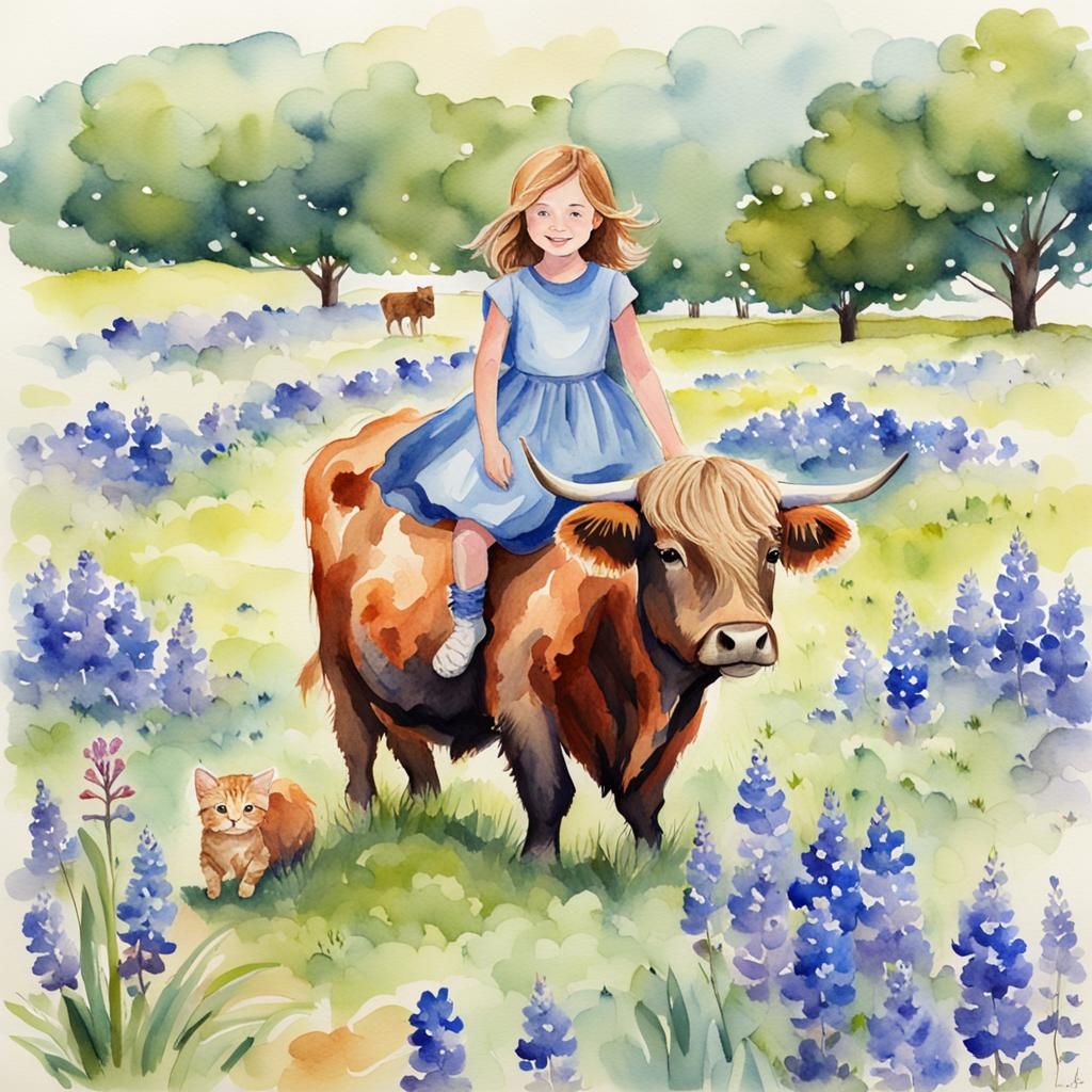 Girl and Cat Ride Highland Cow in Watercolor
