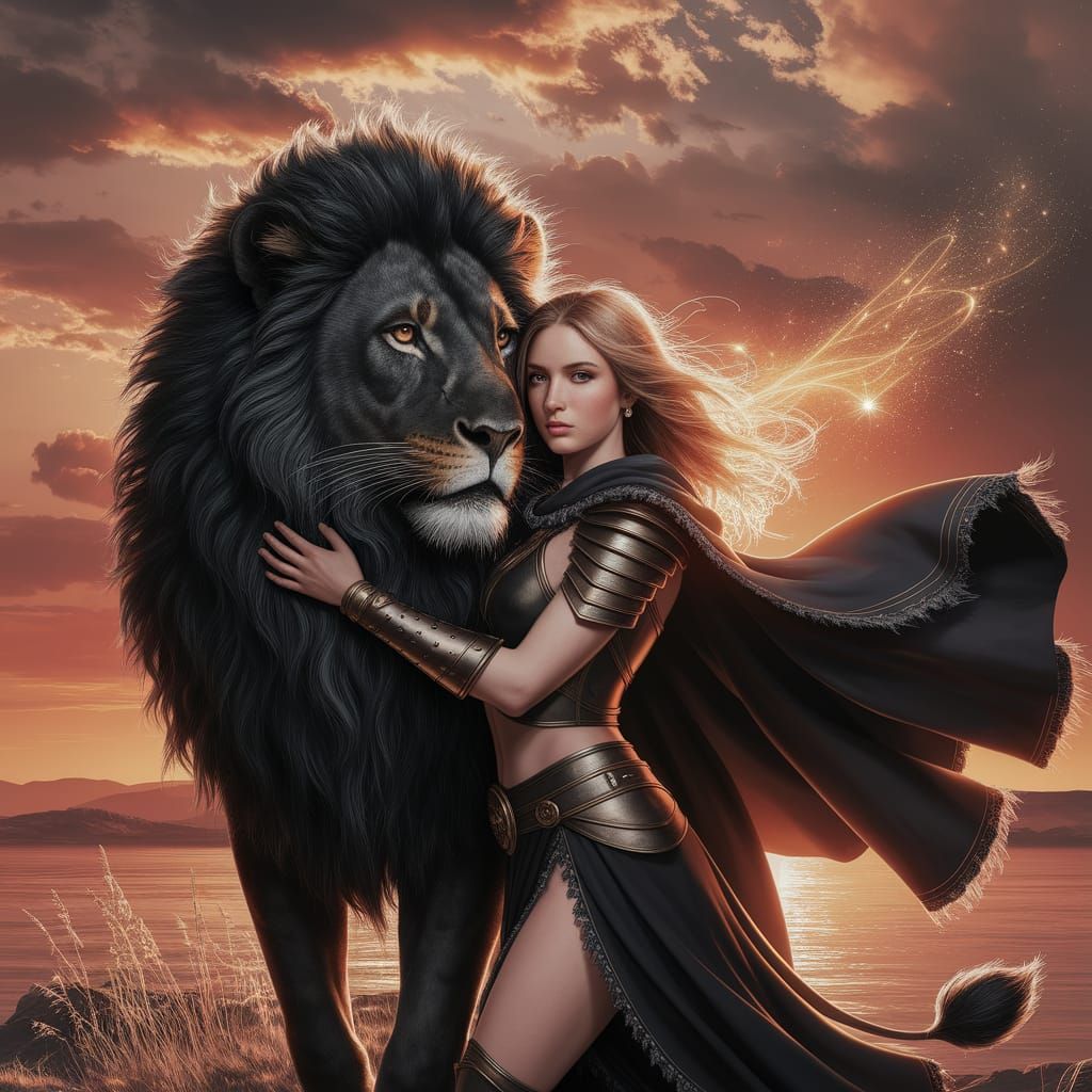 Young Woman and Black Lion in Art Nouveau Style