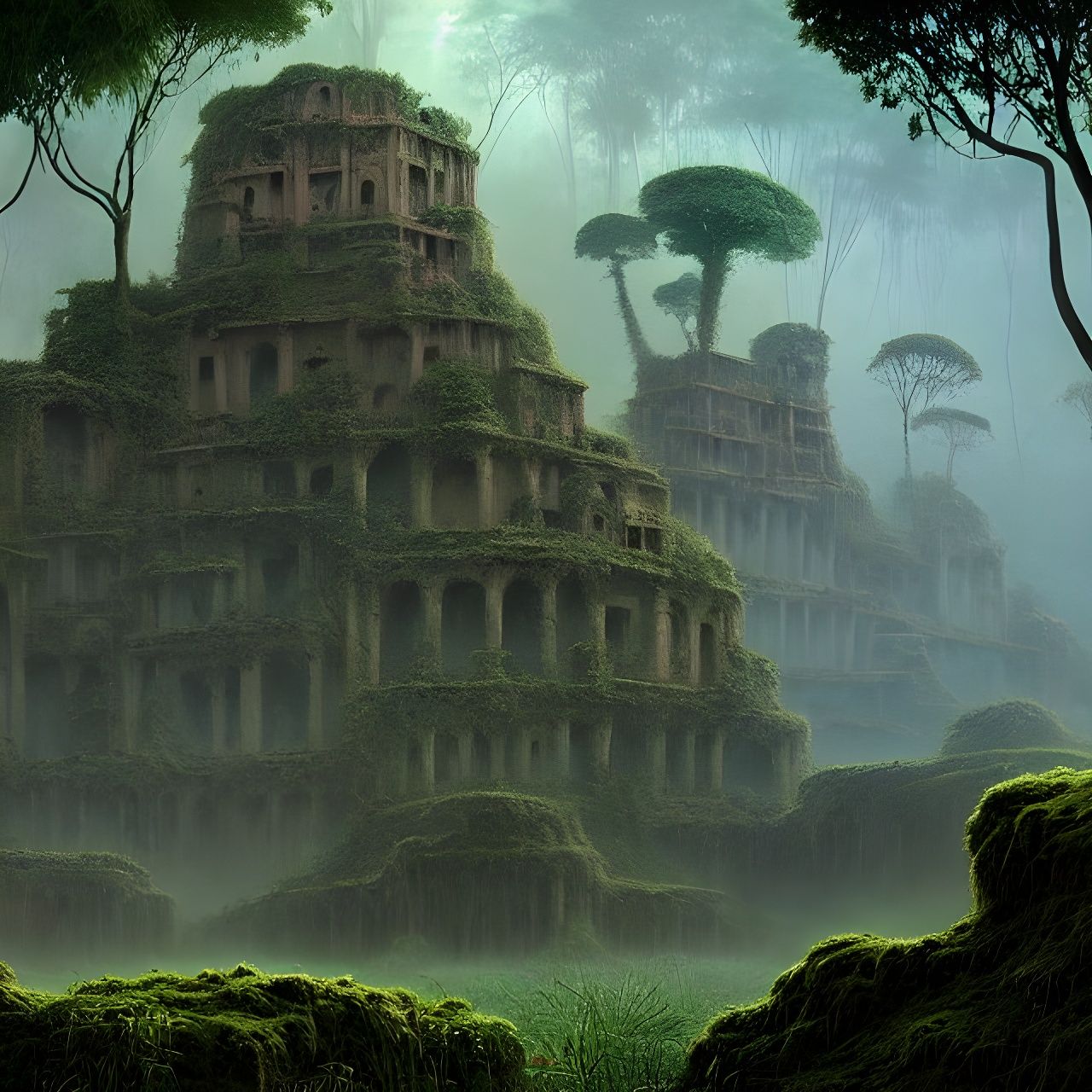 Surreal Jungle Ruins in Dark Fantasy Digital Art