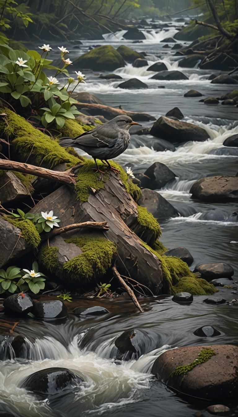 American Dipper in Rushing Stream: Digital Matte Painting