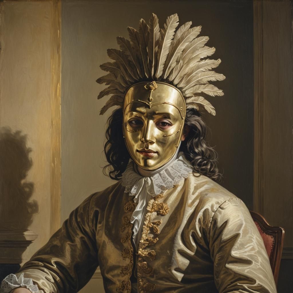 Masked Figure in Golden Light: Photorealistic Portrait