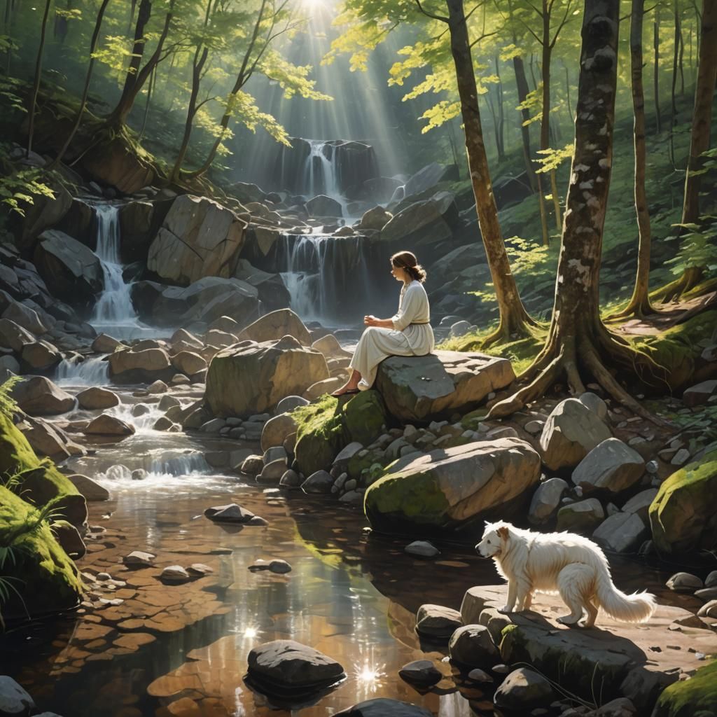 Woman by Mountain Spring with Puppy, Watercolor 3D