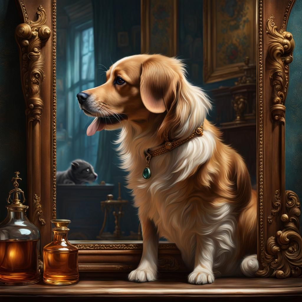 Dog and Cat Reflection in Oil Painting