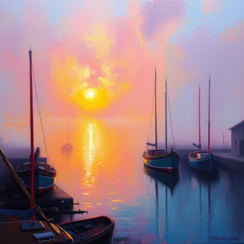 Softly Lit Morning Port Scene in Impressionist Style