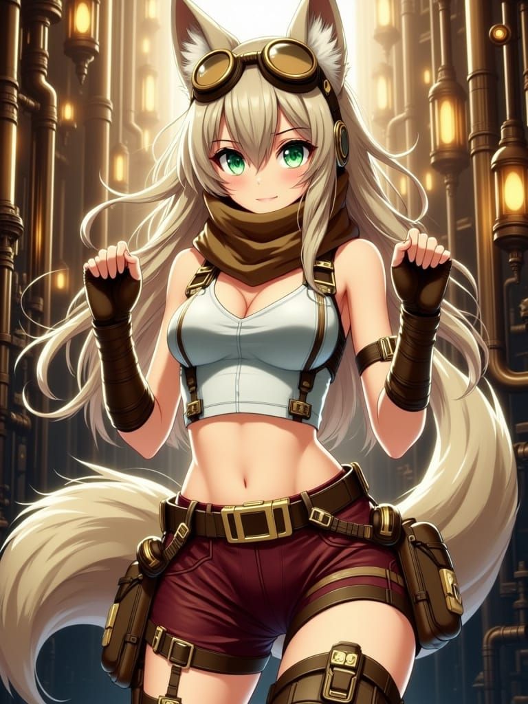 An anime-style fox girl with long, wavy ash-blonde hair, bright green eyes, and fluffy fox ears and tail. She wears a wh...