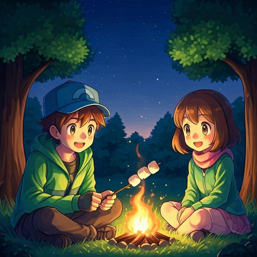 Pokémon Trainer and Sister Roast Marshmallows, Ghibli Style