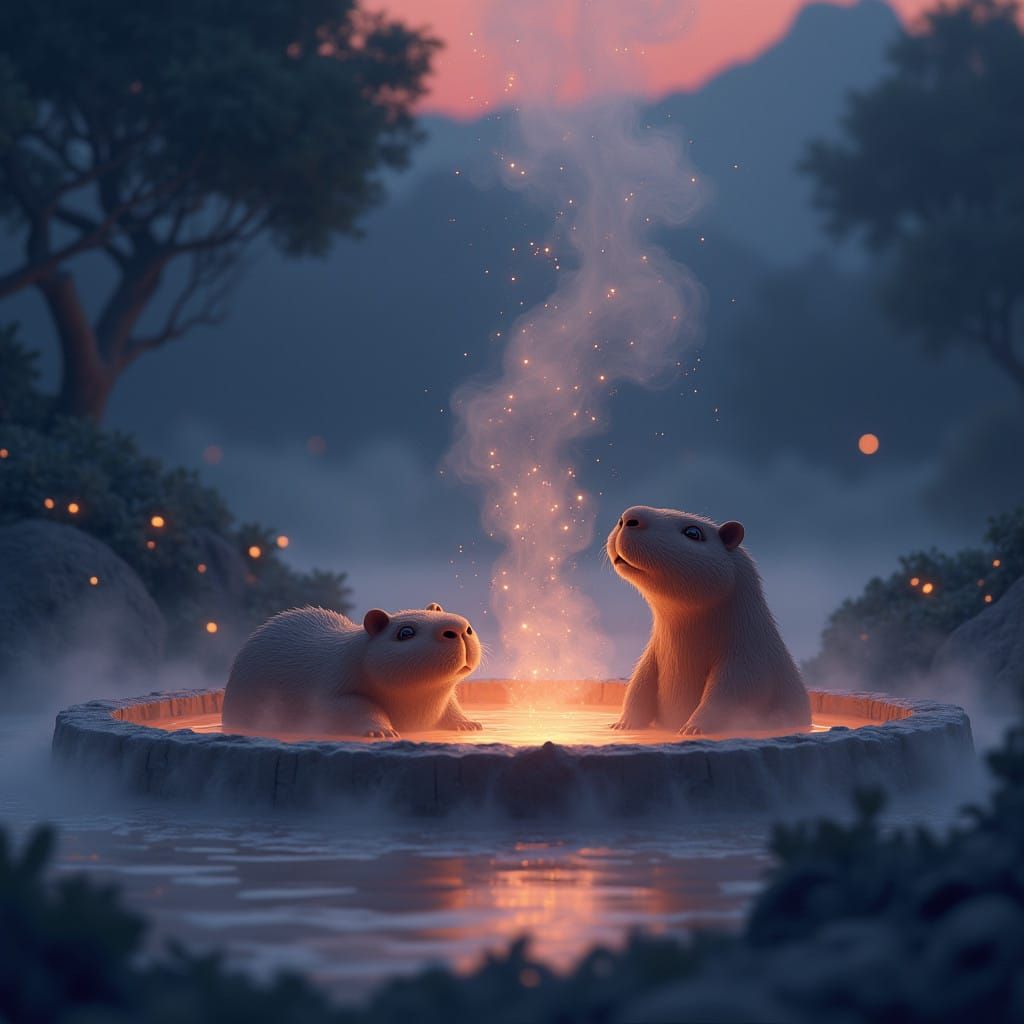 Ethereal Hot Spring Scene with Magical Capybara in Silhouett...