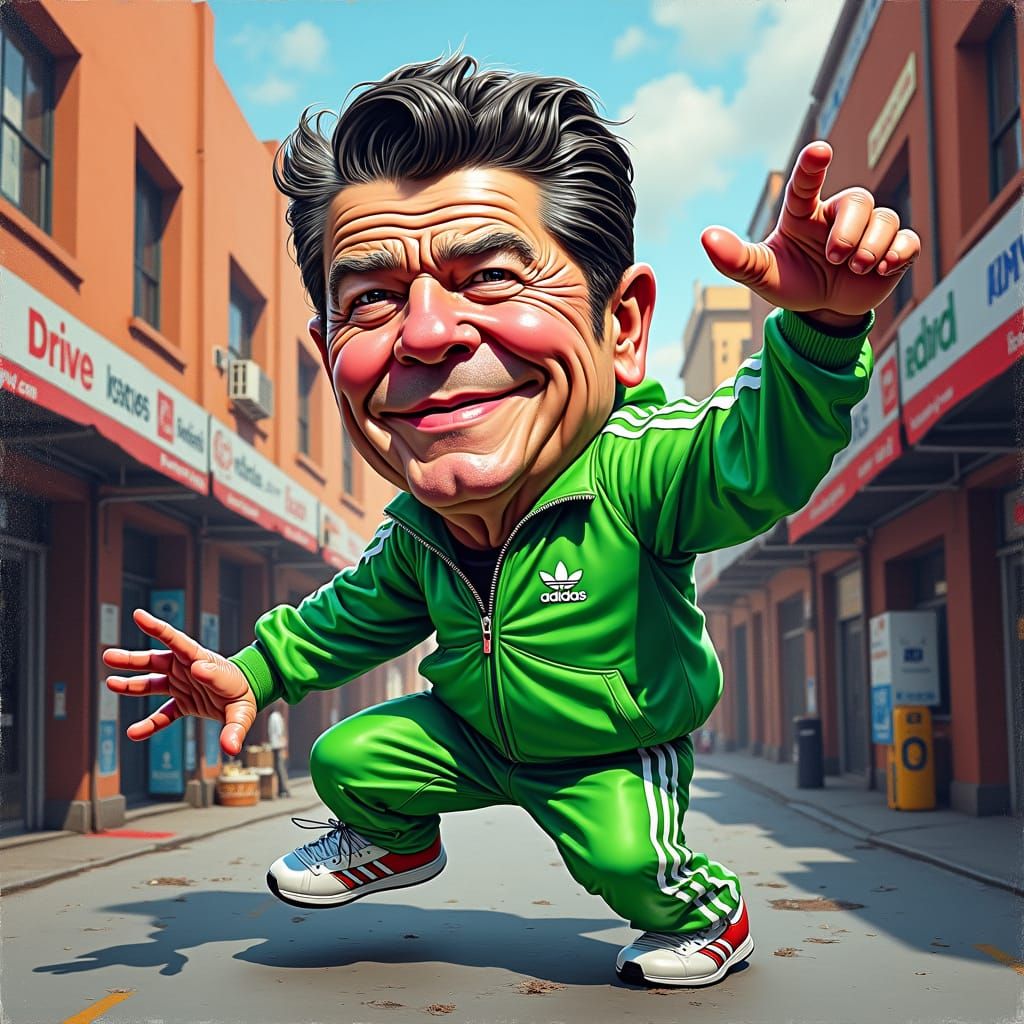 Reagan Breakdancing Caricature in 1980s Punk Style