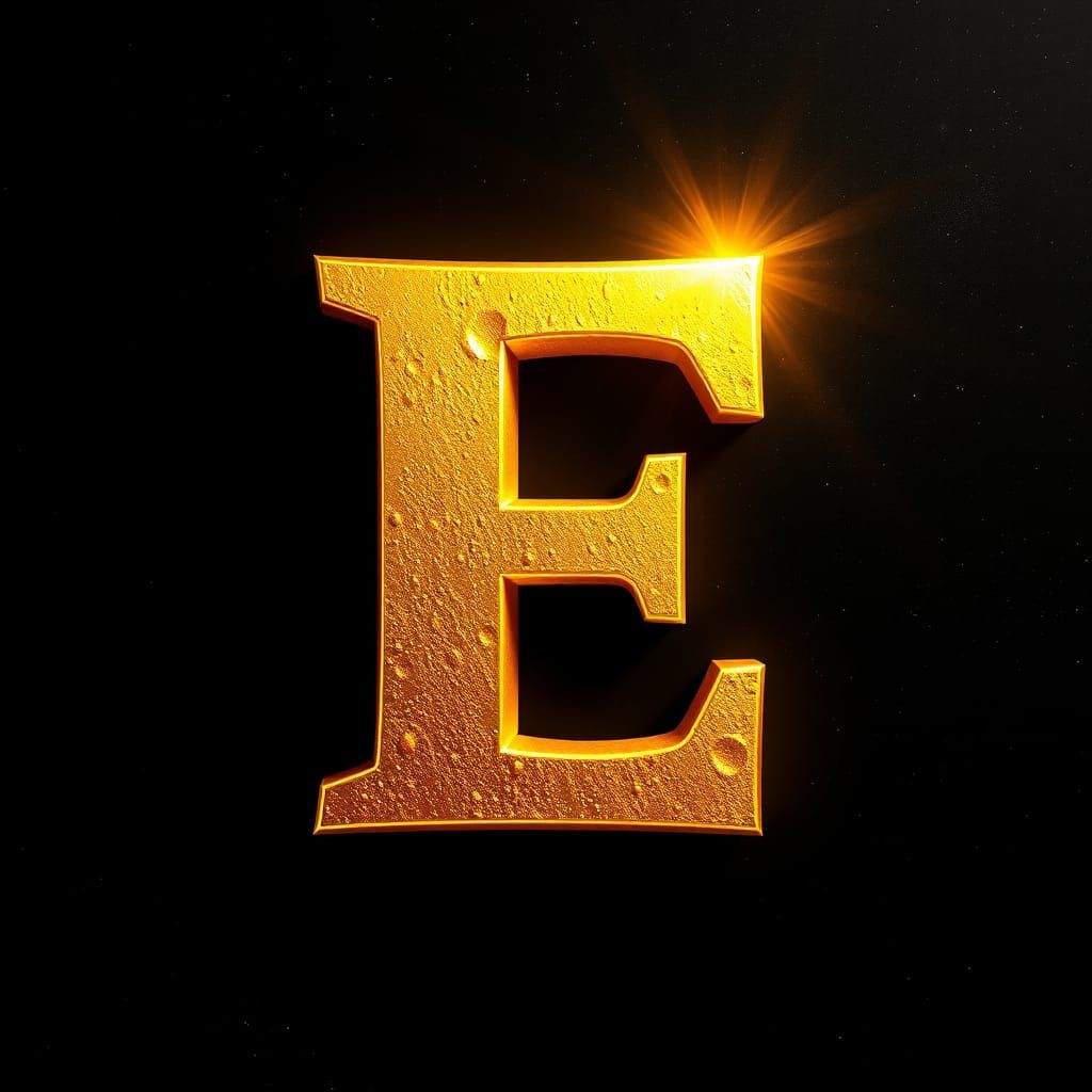Golden Letter E on Black Cosmos Background
