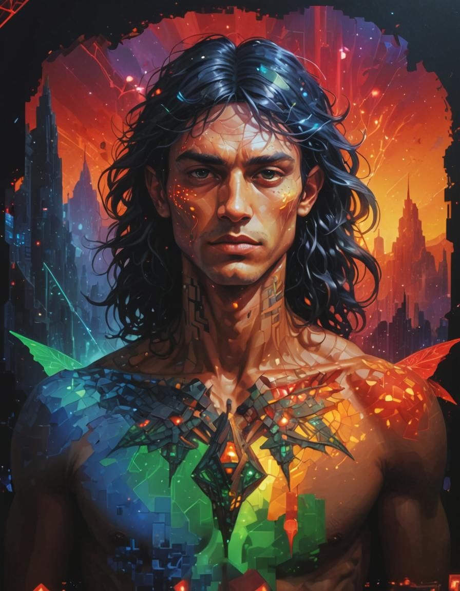 Ecopunk Fairy in Cyberpunk Utopia, Pixel Art Style