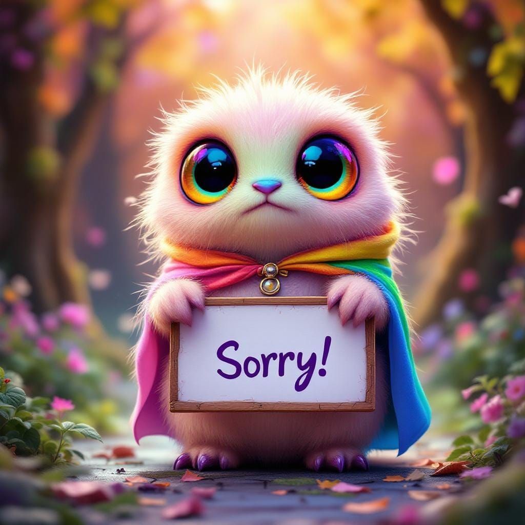 Fluffy Mythical Creature Says Sorry in Whimsical Style