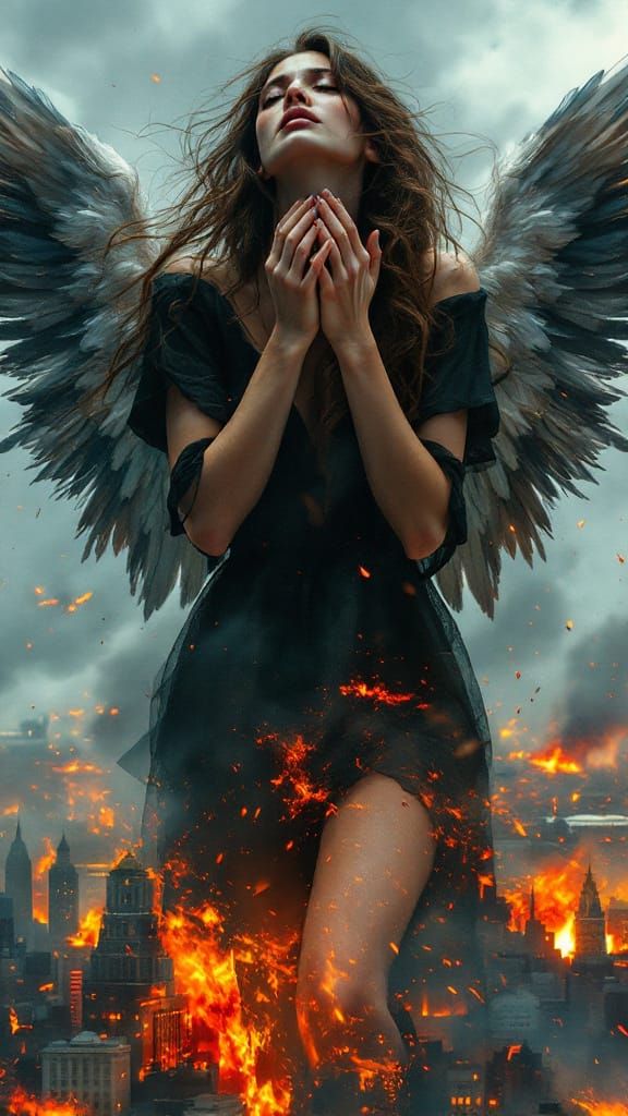 Ethereal Woman with Angel Wings and Flaming City