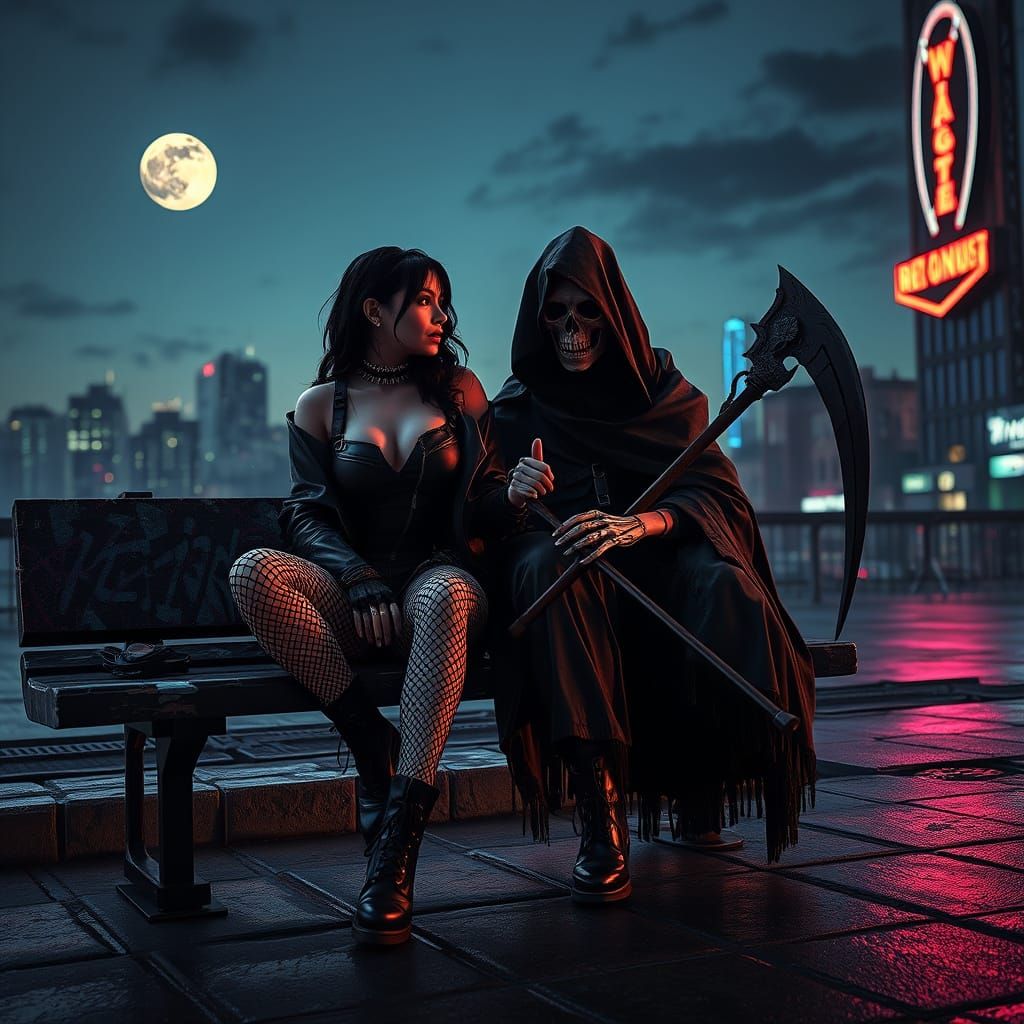 Gothic Romance Portrait of Young Woman with Grim Reaper