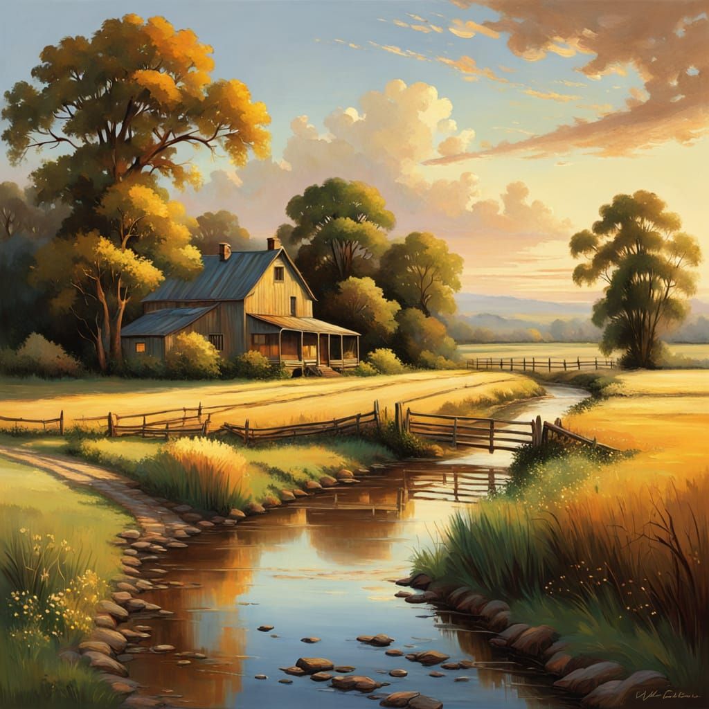 Idyllic Rural House Oil Painting with Verdant Fields